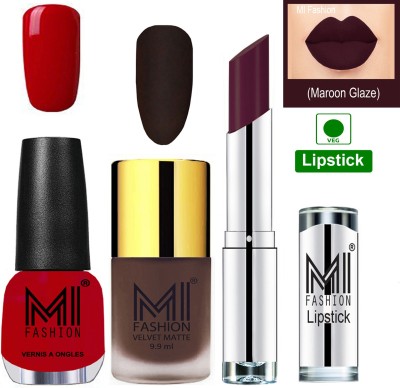 MI FASHION Premium Quality Super Saver Nail Polish and Lipstick Combo - Coffee Matte Nail Polish,Sinfully Red Shine Nail Polish and Maroon Rebel Lipstick(3 Items in the set)