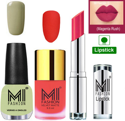 

MI FASHION Premium Quality Super Saver Nail Polish and Lipstick Combo - Neon Orange Matte Nail Polish,Mischievous Mint Shine Nail Polish and Magenta Lipstick(Set of 3)
