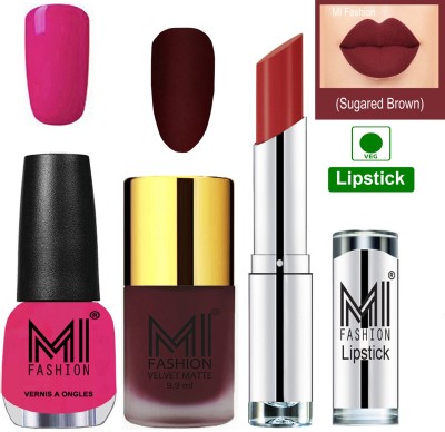 MI FASHION Premium Quality Super Saver Nail Polish and Lipstick Combo - Red Wine Matte Nail Polish,Passion Pink Shine Nail Polish and Brown Sugar Lipstick(3 Items in the set)