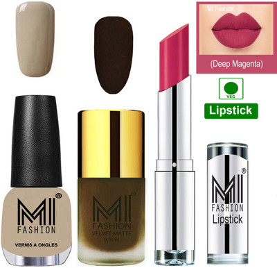 

MI FASHION Premium Quality Super Saver Nail Polish and Lipstick Combo - Olive Brown Matte Nail Polish,Nude Beigh Shine Nail Polish and Dark Magenta Lipstick(Set of 3)