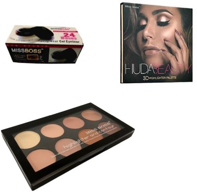 

Miss Boss gel eyeliner with brush 6.0 gm and kb concealer kit + huda 3D highlighter palette combo(Set of 3)