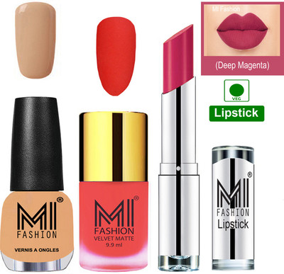 

MI FASHION Premium Quality Super Saver Nail Polish and Lipstick Combo - Neon Orange Matte Nail Polish,Flirty Nude Shine Nail Polish and Dark Magenta Lipstick(Set of 3)