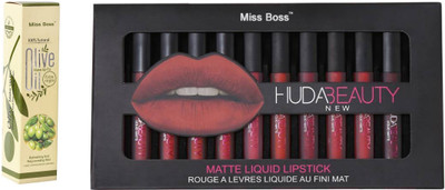 

Miss Boss Huda 12 pcs matte longlasting lipstick tray and kb olive oil Long lasting Primer- 120ml combo(Set of 2)