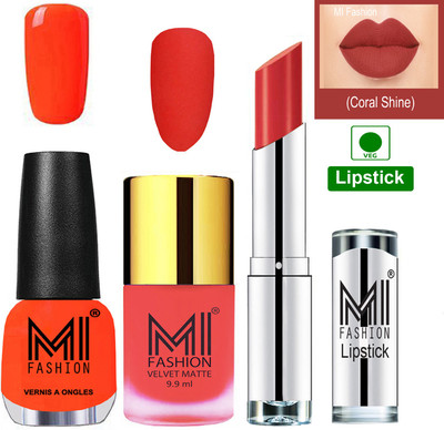 

MI FASHION Premium Quality Super Saver Nail Polish and Lipstick Combo - Neon Orange Matte Nail Polish,Candy Coral Shine Nail Polish and Coral Glamour Lipstick(Set of 3)