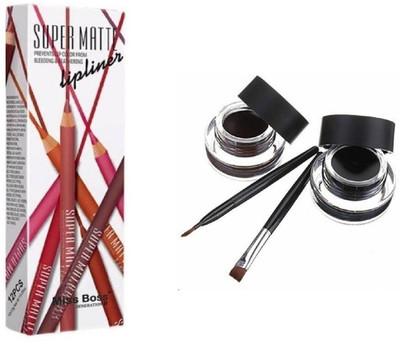 

Miss Boss gel eyeliner with brush 6.0 gm and mn perfect longlasting supermatte lipliner (pack of 12) combo(Set of 2)
