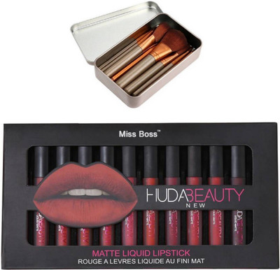 

Miss Boss Huda 12 pcs matte long lsting lipstick tray and nk naked golden makeup brushes (pack of 12) combo(Set of 2)