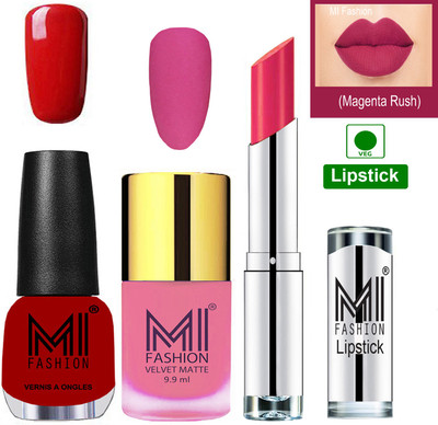 

MI FASHION Premium Quality Super Saver Nail Polish and Lipstick Combo - Baby Pink Matte Nail Polish,Rouge Red Shine Nail Polish and Magenta Lipstick(Set of 3)
