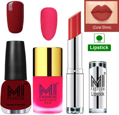 

MI FASHION Premium Quality Super Saver Nail Polish and Lipstick Combo - Neon Pink Matte Nail Polish,Mighty Maroon Shine Nail Polish and Coral Glamour Lipstick(Set of 3)