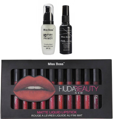 

Miss Boss Huda 12 pcs red edition matte longlasting lipstick tray and kb HD Studio Professional prep+set makeup (1 PRIMER + 1 FIXER) combo(Set of 2)