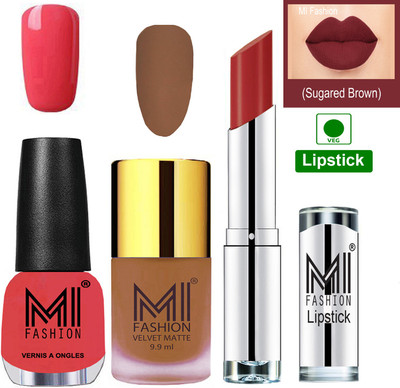 MI FASHION Premium Quality Super Saver Nail Polish and Lipstick Combo - Dark Nude Matte Nail Polish,Light Pink Shine Nail Polish and Brown Sugar Lipstick(Set of 3)
