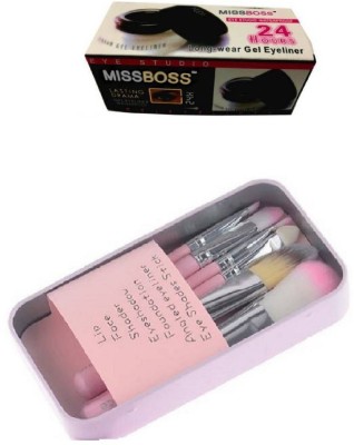 

Miss Boss gel eyeliner with brush 6.0 gm and hk makeup pink brushes (pack of 7) combo(Set of 2)