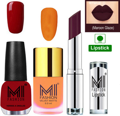 

MI FASHION Premium Quality Super Saver Nail Polish and Lipstick Combo - Saffron Orange Matte Nail Polish,Daring Red Shine Nail Polish and Maroon Rebel Lipstick(Set of 3)