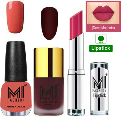 

MI FASHION Premium Quality Super Saver Nail Polish and Lipstick Combo - Red Wine Matte Nail Polish,Peach Shine Nail Polish and Dark Magenta Lipstick(Set of 3)