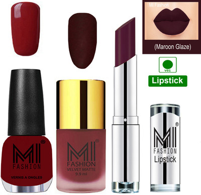 

MI FASHION Premium Quality Super Saver Nail Polish and Lipstick Combo - Maroon Matte Nail Polish,Mighty Maroon Shine Nail Polish and Maroon Rebel Lipstick(Set of 3)