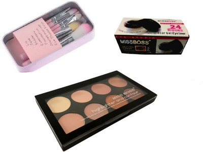 

Miss Boss gel eyeliner with brush 6.0 gm and kb concealer kit + hk makeup pink brushes (pack of 7) combo(Set of 3)