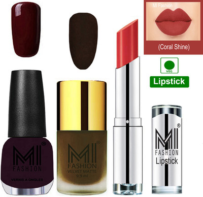 

MI FASHION Premium Quality Super Saver Nail Polish and Lipstick Combo - Olive Brown Matte Nail Polish,Musky Maroon Shine Nail Polish and Coral Glamour Lipstick(Set of 3)