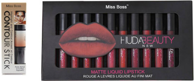 

Miss Boss Huda 12 pcs matte longlasting lipstick tray and kb 2 in 1 contour kit concealer combo(Set of 2)