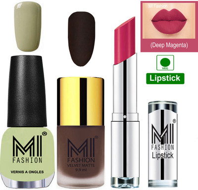 

MI FASHION Premium Quality Super Saver Nail Polish and Lipstick Combo - Coffee Matte Nail Polish,Mischievous Mint Shine Nail Polish and Dark Magenta Lipstick(Set of 3)