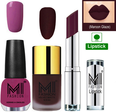 

MI FASHION Premium Quality Super Saver Nail Polish and Lipstick Combo - Wine Matte Nail Polish,Pucker Up Plum Shine Nail Polish and Maroon Rebel Lipstick(Set of 3)