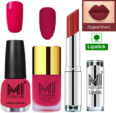 

MI FASHION Premium Quality Super Saver Nail Polish and Lipstick Combo - Pink Matte Nail Polish,Moon Magenta Shine Nail Polish and Brown Sugar Lipstick(Set of 3)