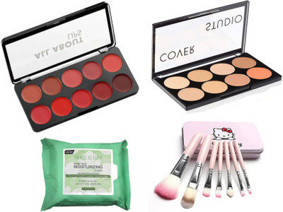 

Rtb Cover Studio Concealer Palette, All About Lips Palette With Makeup Remover Wipes and 7 Pcs Brush set(Set of 4)