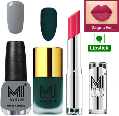 

MI FASHION Premium Quality Super Saver Nail Polish and Lipstick Combo - Dark Green Matte Nail Polish,Grey Shine Nail Polish and Magenta Lipstick(Set of 3)