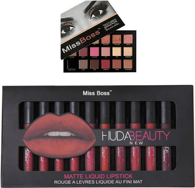 

Miss Boss Huda 12 pcs red edition matte longlasting lipstick tray and huda rose gold sand highlight eyeshadow combo(Set of 2)