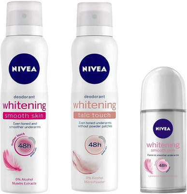 Nivea Whitening Talc Touch Deodorant Spray,Whitening Smooth Skin Deodorant Spray & Whitening Smooth Skin Roll-On(Set of 3)