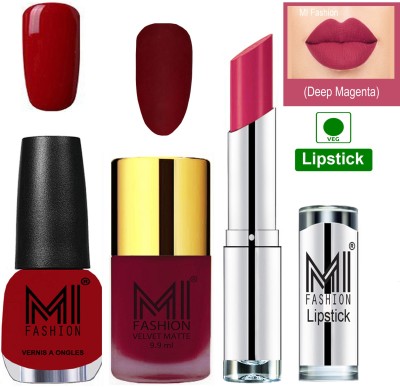 MI FASHION Premium Quality Super Saver Nail Polish and Lipstick Combo - Mauve Matte Nail Polish,Daring Red Shine Nail Polish and Dark Magenta Lipstick(3 Items in the set)