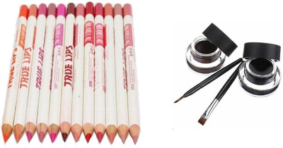 

Miss Boss gel eyeliner with brush 6.0 gm and mn perfect longlasting truelips lipliner (pack of 12) combo(Set of 2)