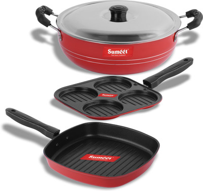 Sumeet Rowan Non Stick Combo Set of 2.6mm Thick (Mini Multi Snack Maker – 19.5cm Dia + Kadhai With Lid – 1.5Ltr capacity- 20cm Dia + Grill Pan – 1.1Ltr Capacity – 22cm Dia) Non-Stick Coated Cookware Set(Aluminium, 4 - Piece)