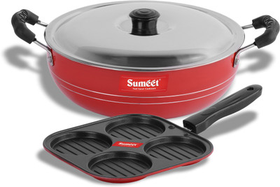 Sumeet Apple Non Stick Cookware Set of 2.6mm Thick (Mini Multi Snack Maker – 19.5cm Dia + Kadhai With Lid – 1.5Ltr capacity- 20cm Dia) Non-Stick Coated Cookware Set(Aluminium, 3 - Piece)