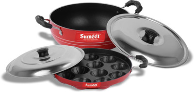 Sumeet Get Ready Non Stick Cookware Set of 2.6mm Thick (Kadhai With Lid – 1.5Ltr capacity- 20cm Dia + Grill Appam Patra With Lid – 23cm Dia) Non-Stick Coated Cookware Set(Aluminium, 4 - Piece)