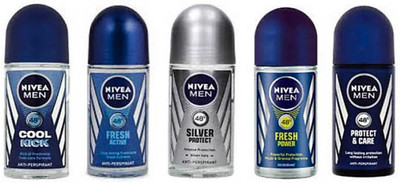 

Nivea Men Protect & Care,Silver Protect,Fresh Active,Fresh Power & Cool Kick Deodorant Roll-on - For Men(250 ml, Pack of 5)