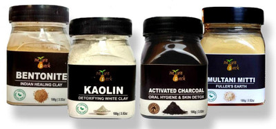 

NatureSack Skin Detox Clays Combo (Pack of 4) Activated charcoal 100g + Kaolin Clay 100g + Bentonite Clay 100g + Multani Mitti(Fullers Earth) 100g. For Face Masks, Acne, Blackheads, Pigmentation, Skin Repair, Vitalizing & Renewal Of Skin(400 g)