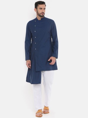 Freehand Men Self Design Trail Cut Kurta(Blue)