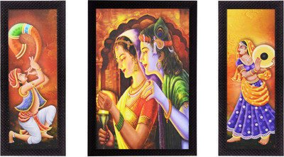 eCraftIndia Set Of 3 Radha Krishna Satin Matt Texture UV Art Ink 14 inch x 24 inch Painting(With Frame, Pack of 3)