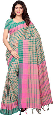 Swaron Woven, Checkered Assam Silk Cotton Blend, Poly Silk Saree(Green, Pink, Beige)