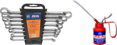 REALstf 18102001019 Multi Hand Tool Kit 9 Pc. - 8 pcs set of Ring Spanners with Hanging Tray, Oil Can (Wesco Type) with Rigid Spout 1/4 Pint Double Sided Box End Wrench(Pack of 9)