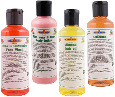 

Khadi India Santosh Khadi Herbal Rose & Cucumber Face Wash and Aloe vera & Rose body lotion and Almond hair oil and Satreetha sat shampoo Pack of 4x210 ml(Set of 4)