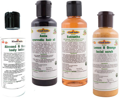 

Khadi India Santosh Khadi herbal Almond & Honey body lotion and Amla ayurvedic hair oil and Satreetha sat shampoo and Lemon & Orange facial scrub Pack of 4x210 ml(Set of 4)