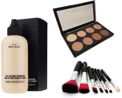 

Miss Boss Studio Perfect Finish Face & Body Foundation 120 ml and kb concealer kit + hk black makeup brushes (pack of 7) combo(Set of 3)