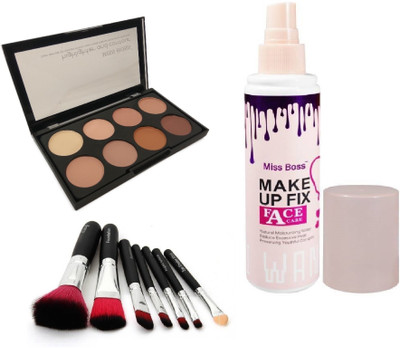 

Miss Boss kb face care make up fixer 120ml and kb concealer kit + hk black makeup brushes (pack of 7) combo(Set of 3)