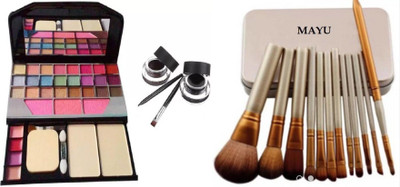 MAYU MAKEUP BRUSH SET OF 12, GEL KAJAL BLACK & BROWN AND MAKEUP KIT 6155(Set of 3)