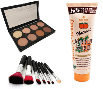 

Miss Boss Natural Apricot Scrub with Soothing cocoa Butter (212 g) and kb concealer kit + hk black brushes (pack of 7) combo(Set of 3)