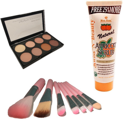 

Miss Boss Natural Apricot Scrub with Soothing cocoa Butter (212 g) and kb concealer kit + hk pink brushes (pack of 7) combo(Set of 3)