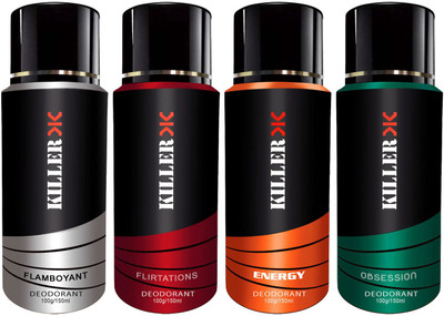 

Killer Energy, Obsession, Flambuyont, Flirtatious Deodorant Spray - For Men & Women (400 g, Pack of 4) Body Spray - For Men & Women(100 ml, Pack of 4)