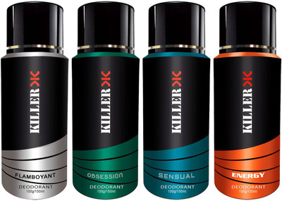 

Killer Obsession, Sensual, Flambuyont, Energy Deodorant Spray - For Men & Women (400 g, Pack of 4) Body Spray - For Men & Women(100 ml, Pack of 4)