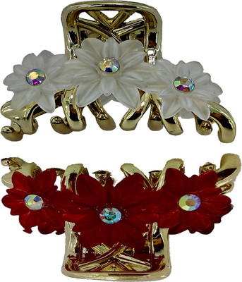 

Saaj Women Collection Flower Golden Hair Clutcher With Stone Hair Claw(White, Red)