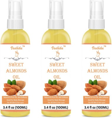 Vadhika Pure Cold Pressed Sweet Almond Oil For Massage, Hair, Skin & Under Eye Hair Oil (100 ml)-Pack of-3-Bottle(300ml) Hair Oil (300 ml) Hair Oil(300 ml)